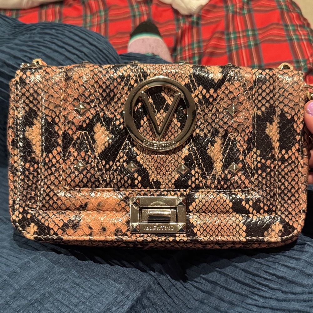 Valentino Snake-Print Crossbody in Tan and Black with Gold Hardware
